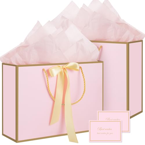 woric Pink Gift Bags with Handles, 14" Medium Gift Bags with Tissue Paper, 2 Pcs Pink Bags with 4 Tissue Paper and 2 Cards...