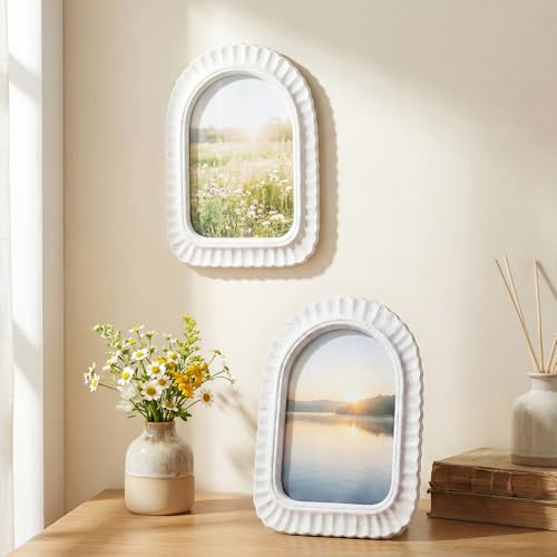 AceOrbit 4x6 Inches Petal Wave Rock White Picture Frame Cute Arched Wooden Real Glass Photo Frame for Desktop Display Home...