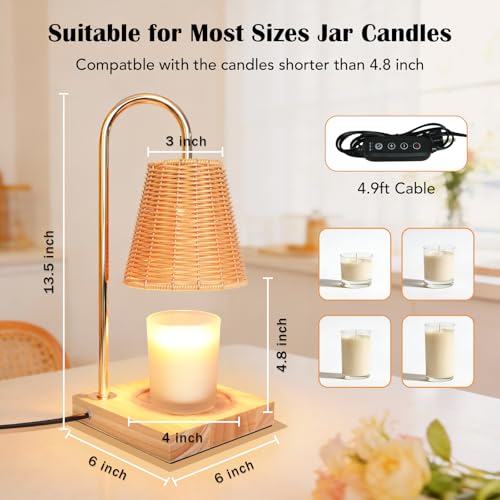 Immeiscent Candle Warmer Lamp with Timer Dimmable Boho Rattan Lampshade Natural Weaving Wax Warmer for Jar Candles Mothers...