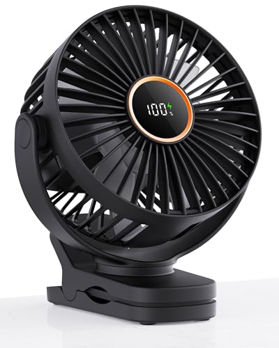 TUNISE Mini Clip on Fan, Battery Operated Desk Fan, Digital display，3 Speeds Adjustable, Bidirectional 360 ° Adjustable, S...