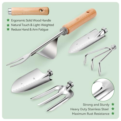 Grenebo Gardening Tools 9-Piece Heavy Duty Garden Hand Tools with Fashion and Durable Garden Tools Organizer Handbag, Rus...