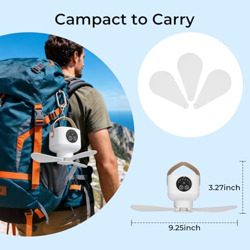 Portable Camping Fan, 7200 mAh Tent Fans with LED Light, Remote Control, Detachable Blades and Hook 4 Speeds 3 Brightness ...