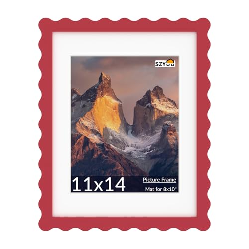 SZYUU 11x14 Wavy Picture Frame with Mat for 8x10, Real Glass and Wooden Frame - Tabletop or Wall Hanging Photo Frame(1 Pa...