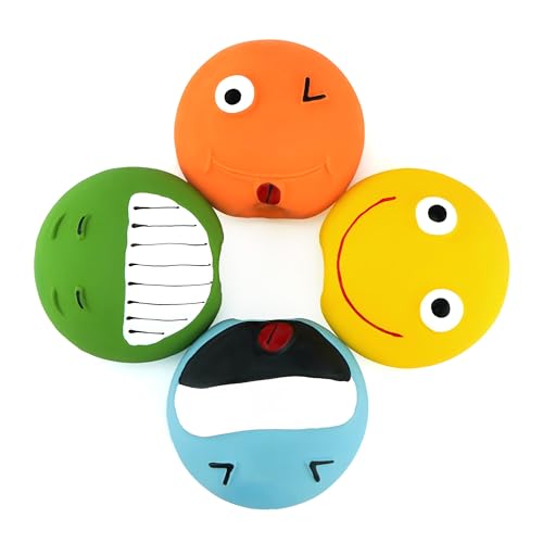 CHIWAVA 4 Pack 3.2'' Latex Squeaky Dog Toy Smiley Face Balls Interactive Fetch Play for Small Dogs