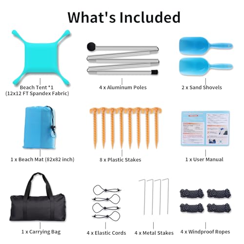 12x12 FT Beach Tent Sun Shelter UPF 50+, XL Beach Canopy with 4 Thickened Aluminum Poles, Sandbags, Windproof Portable Bea...