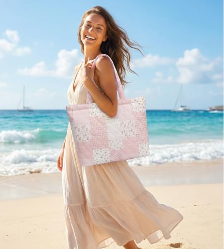 Ecohaso Quilted Tote Bag for Women, Cute Tote Bag with Top Zipper for College Work Travel Casual Shoulder Bag Purse handbags