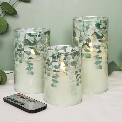 Immeiscent Green Glass Flameless Candles Remote Timer Eucalyptus Leaves Greenery Design Battery Operated Flicker Pillar Ca...