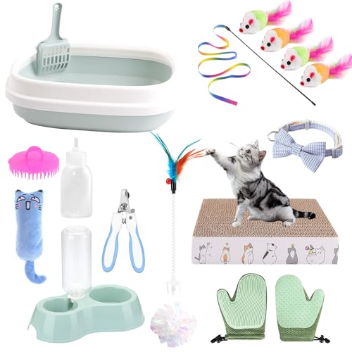 Kitten Starter Kit - 16 Pcs Cat Essentials Set Includes Litter Box, Toys, Collars, Scratch Pad, Nail File, Automatic Feed ...