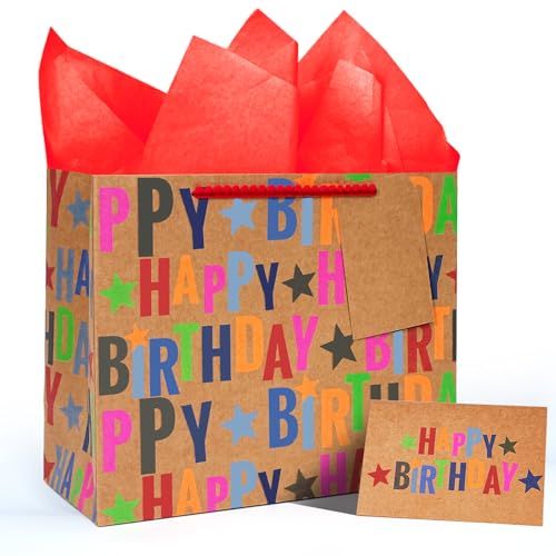 LaRibbons 13" Large Kraft Birthday Gift Bag with Tissue Paper and Greeting Card, Colorful Text Happy Birthday and Stars De...
