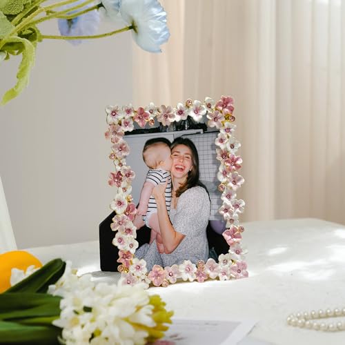 Synovana Pink Flower Picture Frame 4x6 Blossom Photo Frame for Tabletop Display, Decorative Flower Design Home Decor