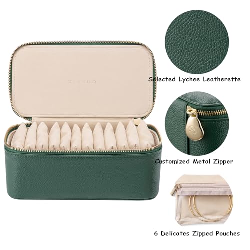 VLANDO Travel Jewelry Box Organizer – Portable PU Leather Jewelry Case with 6/8/12 Zippered Pouches, Compact Storage for E...