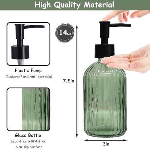 Green Glass Soap Dispenser Set with Black Pump, 13.5oz Refillable Liquid Hand Soap Dispenser, Lotion Dish Soap Dispenser f...