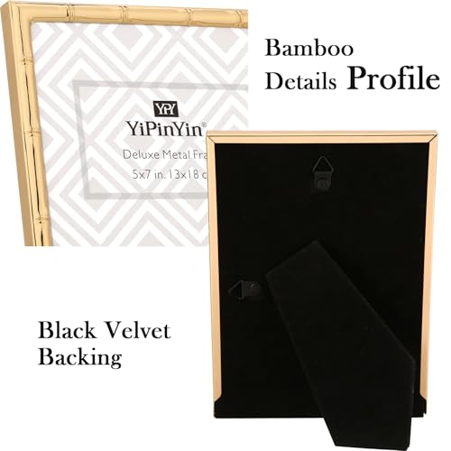 YiPinYin 8x10'' Bamboo Detail Gold Metal Picture Frame with Acid Free Mat for 5x7'' Set of 2,Narrow Gold Plated Photo Fram...