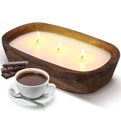 Threlaco 1 Pack 10 Inch Wood Dough Bowl Candles Home Rustic Dough Bowl Soy Candle 3 Wick Scented Candles Gifts for Men Wom...
