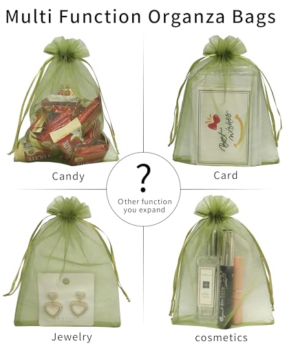 Jexila 100PCS Organza Bags 4''X6'' Olive Green Small Mesh Gift Bags with Drawstring for Jewelry, Party Favor, Candy, Fruit...