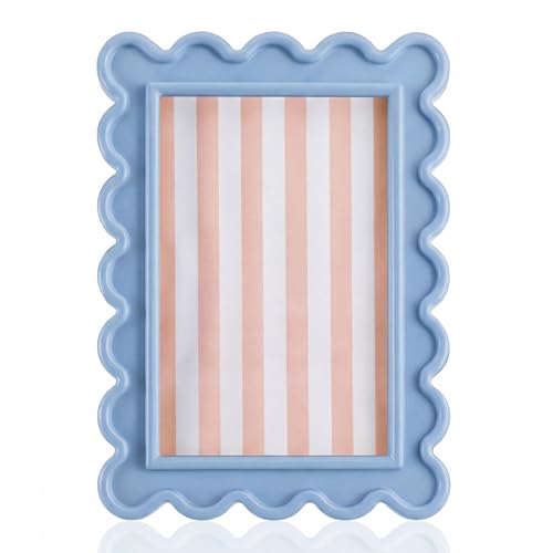 AceOrbit 4x6 Inches Haze Blue Flower Wavy Picture Frame Cute Wavy Edge Wooden Real Glass Photo Frame for Desktop Display H...