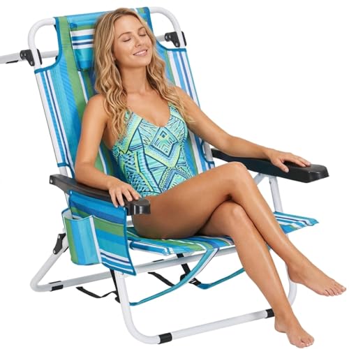 Beach Chair for Adults,Portable 5 Position Backpack Beach Chair Reclining, Lay Flat Lightweight Folding Camping Chair w/La...