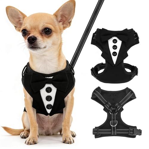 BINGFPET Dog Tuxedo Harness for Small Medium Dogs, No Pull Dog Harness and Leash Set,Soft Padded Mesh Step-in Dog Vest Tux...