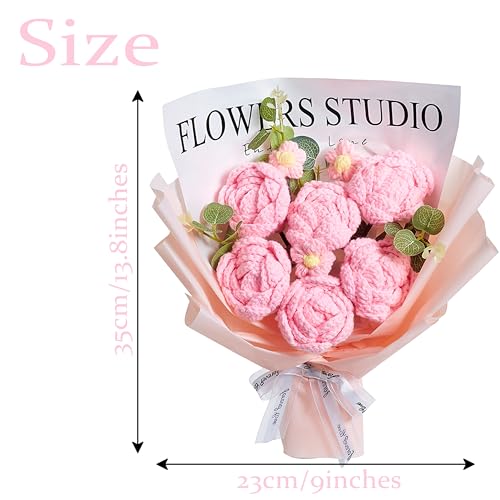 SITUMEIZI Handmade Crochet Flower Bouquet - 6 Pcs Pink Roses Knitted Bouquet Cotton Thread, Gifts for Women, Mom, Wife, Te...