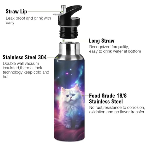 senya 20 Oz Water Bottle with Straw White Cat in The Galaxy Stainless Steel Water Bottle for Traveling Sports Leakproof In...