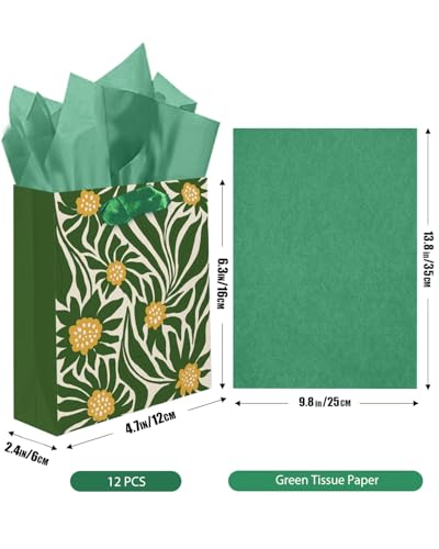 qiqee 7.9"x4.3"x9.6" 6PCS Clash Flowers Paper Gift Bags with Tissue Paper Handles Medium Size Bags（ Tissue Paper ）