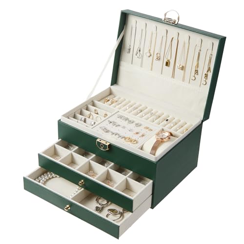 XRXYX 3 Layer Jewelry Box with Lock, Women Large Jewelry Holder Organizer with Drawer for Necklaces, Rings, Bracelets, Ear...