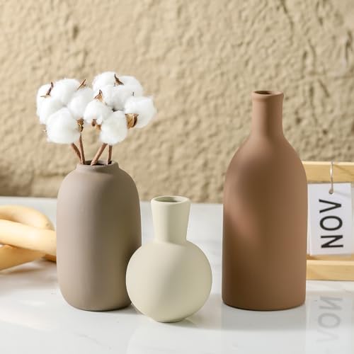 Ceramic Vases Set of 3, Modern Neutral Rustic Farmhouse Home Decor Pottery Pampas Decoration for Living Room, Table, Bathr...