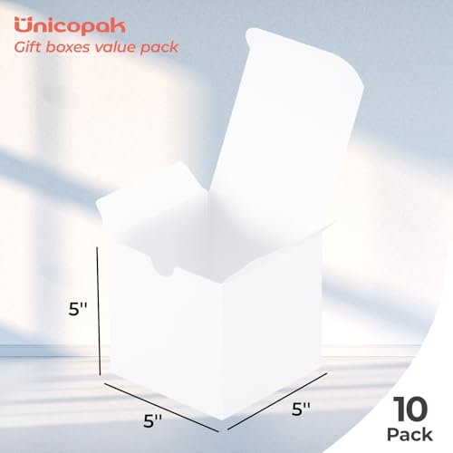 UnicoPak 10 Pack 5x5x5 Gift Boxes, Sturdy Small White Gift Boxes for Presents, Ornaments, Candles, Mugs, Easy Pop-up Assem...