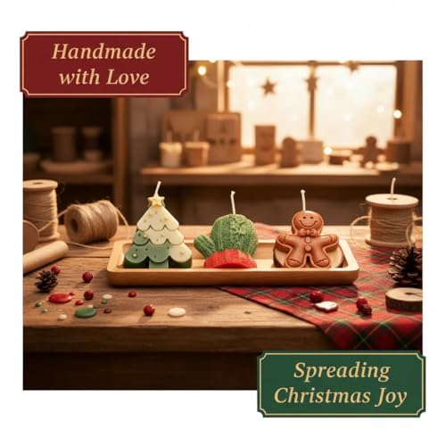 Christmas Candle Gift Set, 3-Pack Decorative Soy Candles, Wood Tray, Holiday Decor with Tree, Gingerbread, Mittens