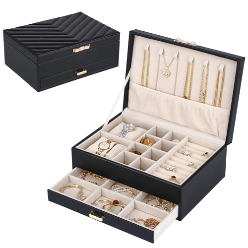 HofferRuffer Jewelry Box with Drawer for Women‌ Girls, Faux Leather Storage Jewelry Organizer Jewelry Case with Two Layers...