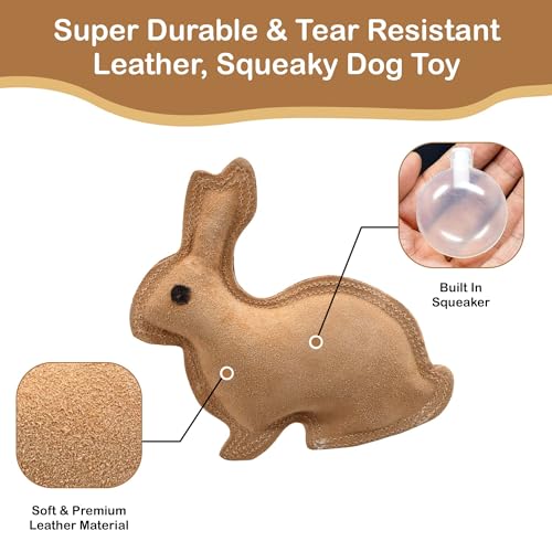 SPOT Dura-Fused Leather Rabbit Dog Toy – Durable Real Leather & Jute Chew Toy with Squeaker, Double-Stitched for Moderate ...