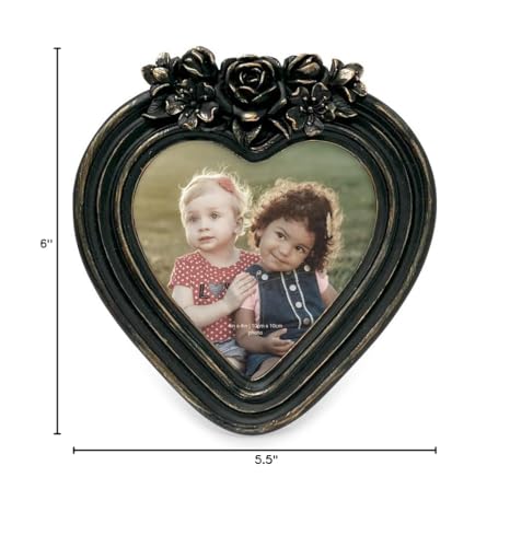 Isaac Jacobs 4x4 Heart-Shaped Resin Picture Frame with Rose Design, Decorative Photo Frame, Tabletop & Wall Display, Hangi...