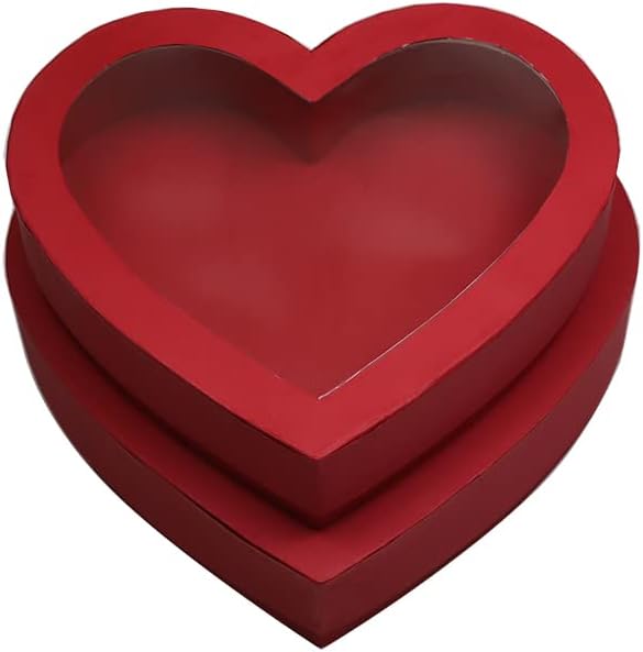 Manoczy 10" Cardboard Heart Shaped Mache Flowers Packaging Strawberries Sweets Gift Box with Clear Lid Set of 2(L/M) (Red,...
