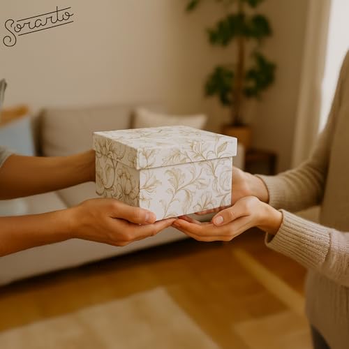 Sorarto Square Gift Boxes with Lids 4pc Set | White Gold Floral Nesting Gift Boxes for Presents Birthday Wedding Bridesmai...
