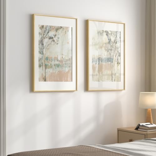 Framed Neutral Abstract Landscape Wall Art for Bedroom, Set of 2 Tree Canvas Large Artwork for Living Room Walls, Modern N...