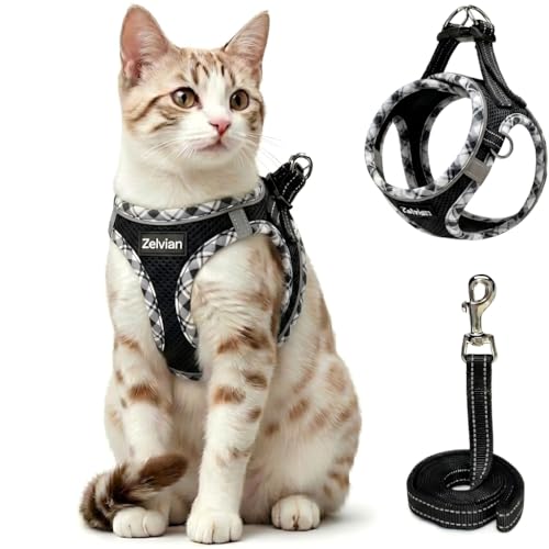 Zelvian Cat Harness and Leash Set for Walking, Escape Proof Adjustable Soft Mesh Kitten Harness with Reflective Strips, Br...