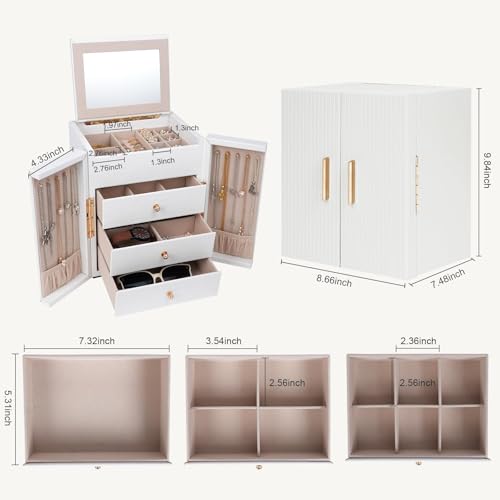 Dajasan Large Jewelry Box for Women, Jewelry Holder Organizer Box with 3 Drawers, 4-Tier Jewelry Storage Organizer with Mi...