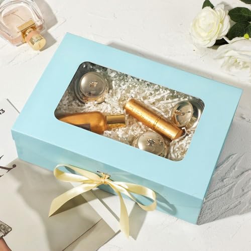 PLINJOY Blue Gift Box for Presents with Ribbon 10.8x7.5x3.5 Inches Clear Gift Box with Window Magnetic Closure Gift Boxes ...