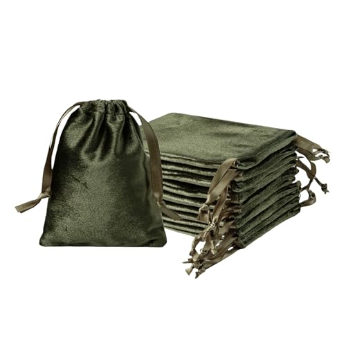 QIANF 12pcs Moss Green Velvet Drawstring Bags 3x4 inches Glossy Small Velvet Cloth Gift Bags Jewelry Pouches for Jewelry S...