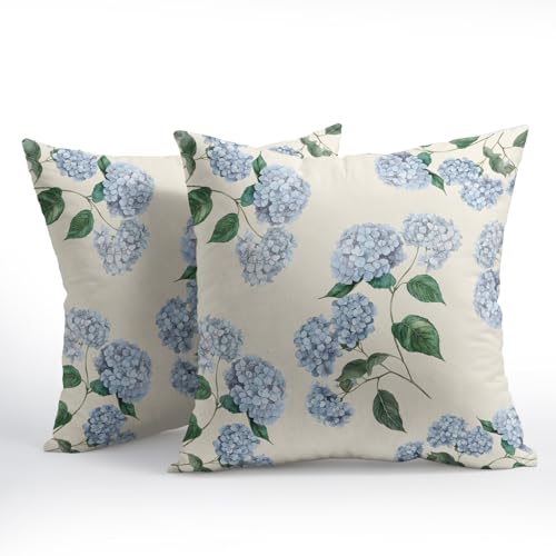 Kawani Blue Hydrangea Pillow Covers 18x18 Inch Set of 2 Blue Floral Outdoor Decorative Throw Pillow Covers Rustic Flower P...