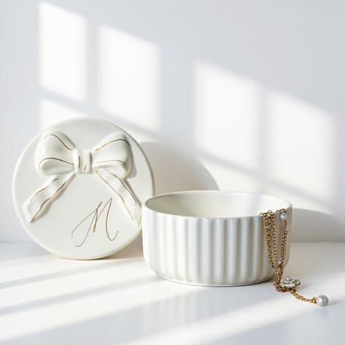 COLLECTIVE HOME Monogram Initial Jewelry Box with Bow - Elegant Ring Holder & Earring Dish | Christmas Gift Idea for Wome...