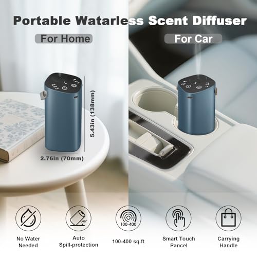 Waterless Essential Oil Diffuser for Car & Home, Aromatherapy Diffuser with 4 Timer (1/3/6/Off), 3 Mist Mode, Battery Oper...