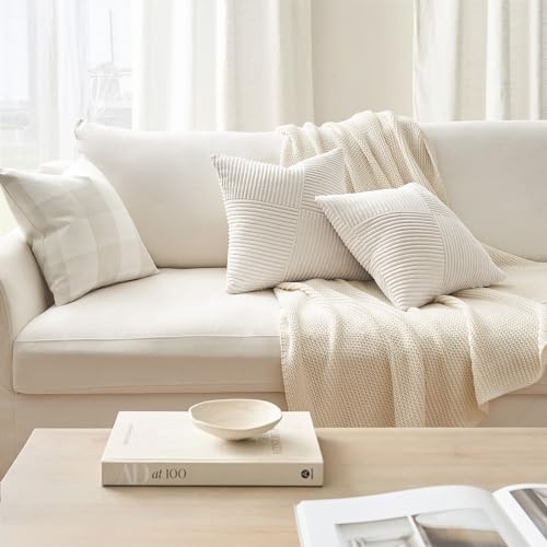 Topfinel Cream White Decorative Neutral Throw Pillow Covers 18x18 Inch for Couch Sofa Bed, Soft Corduroy Striped Patchwork...