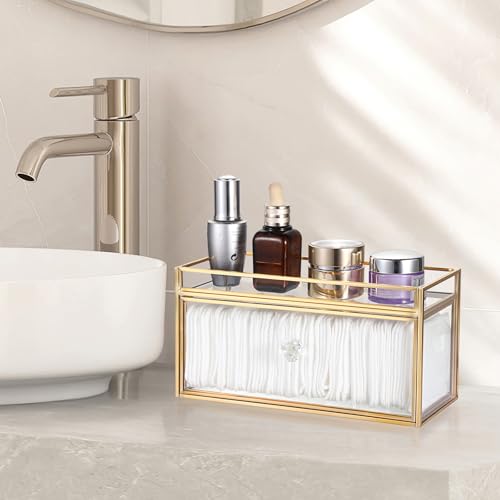 GUSHBIN Clean Pad Storage Box Gold Glass Pull and Out Drawer with Tray Rectangular Cotton Pads Holder Vanity Organizer for...