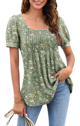Zwurew Women's Summer Casual Puff Short Sleeve T-Shirts Square Neck Pleated Flowy Trendy Tunic Tops for Leggings S-2XL