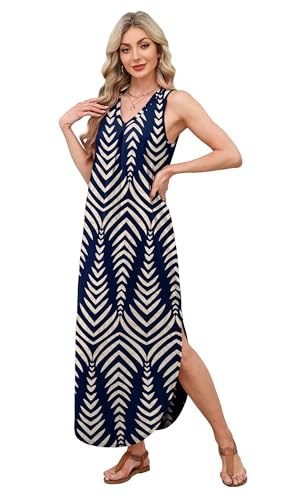 OFEEFAN Maxi Dresses for Women 2026 Loose V Neck Sleeveless Casual Beach Vacation Dress Side Slit Sundresses with Pockets