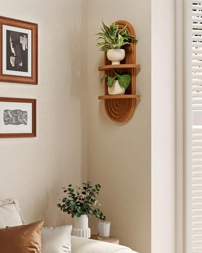 Bamworld Boho Wall Decor Brown Plant Wall Shelf Mid Century Modern Decor Hanging Plant Shelf 16.7in 2 Tier Wooden Floating...