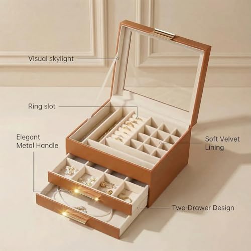 Vandozis Jewelry Box Organizer with Glass Lid, 3-Layer with Double Drawers, Luxury Velvet Lined Desktop Display Case for E...