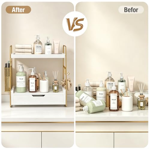 ROPALINS 2-Tier Bathroom Counter Organizer with Drawer & Removable Basket, Wood & Metal Vanity Organizer for Skincare, Mak...
