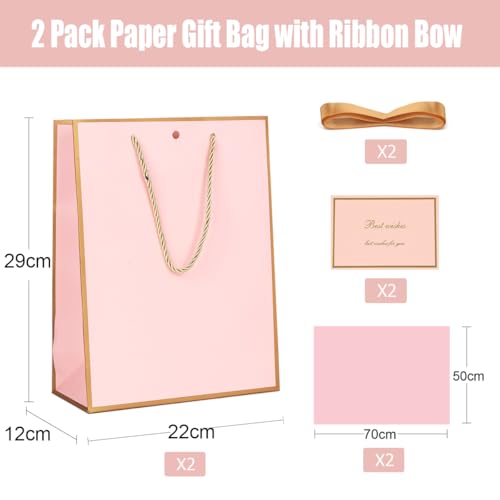 Gift Bags for Presents, 2 Pack Medium Paper Bags with Bow Ribbon Tissue Paper Cards Thank You Gift Bag with Handles for Ch...